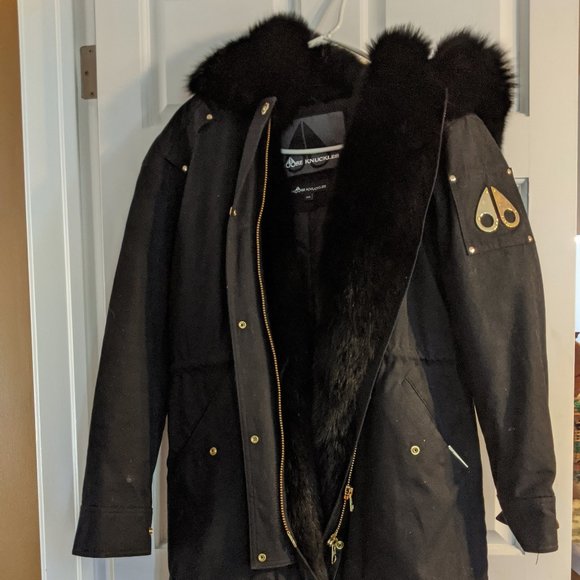 Moose Knuckle Black Canvas Parka with Black Fur - Picture 2 of 3